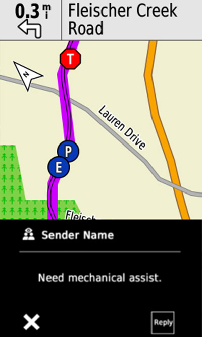 An Edge device screen demonstrating rider-to-rider messaging.